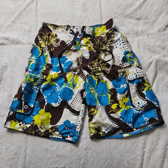 OP Cargo Swim Trunks Hawaiian Hibiscus Print Brown Blue Green M (32/34) - Picture 1 of 6